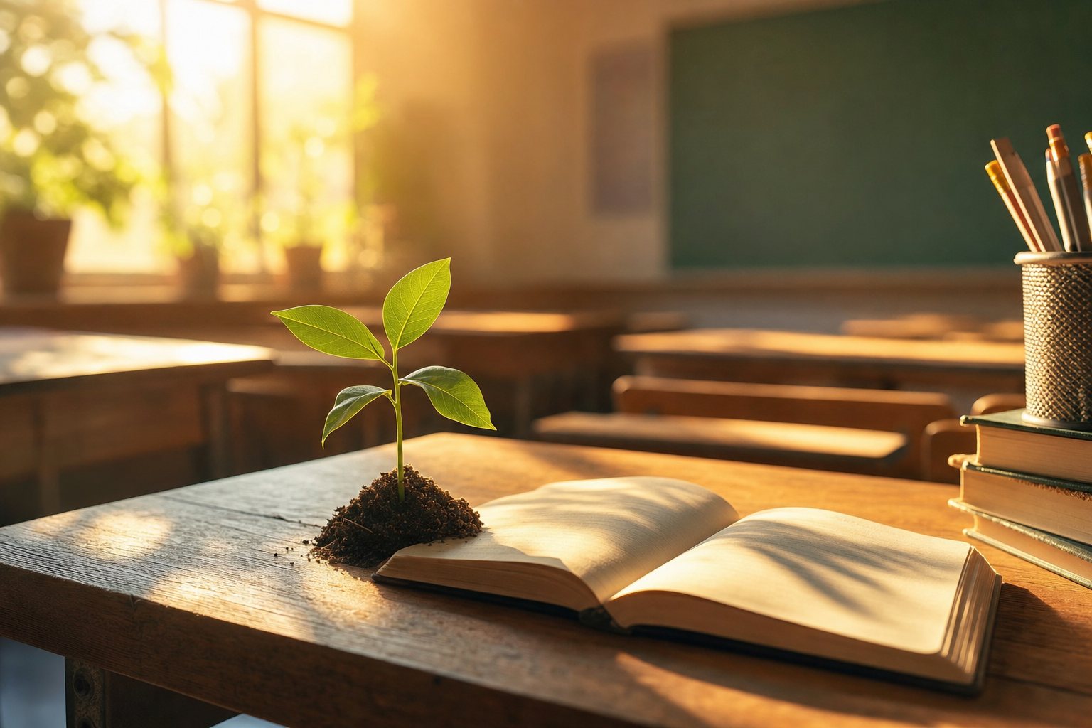 Luz cálida de una mañana en el aula: un brote verde crece junto a un libro abierto